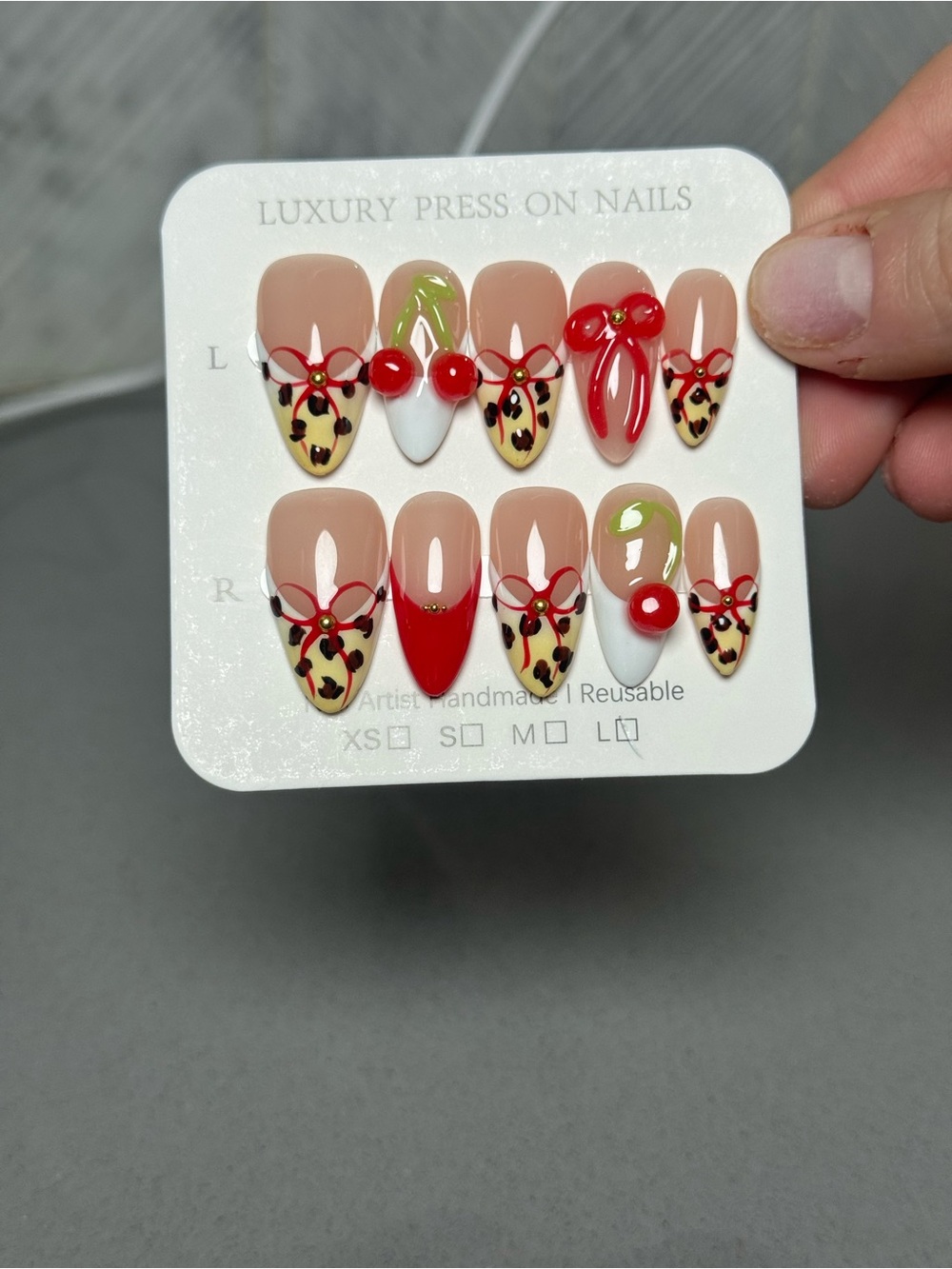 Handmade Leopard & Cherry Press-On Nails - Red, Nude & White
